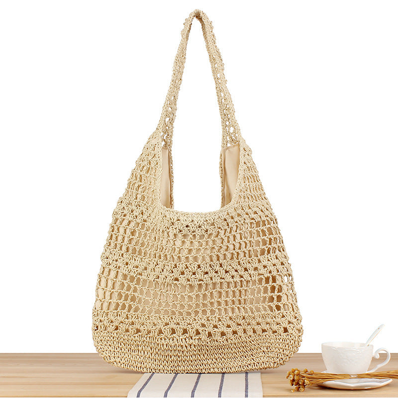 Sac à épaule tressé à grande capacité, simple, pour les vacances.