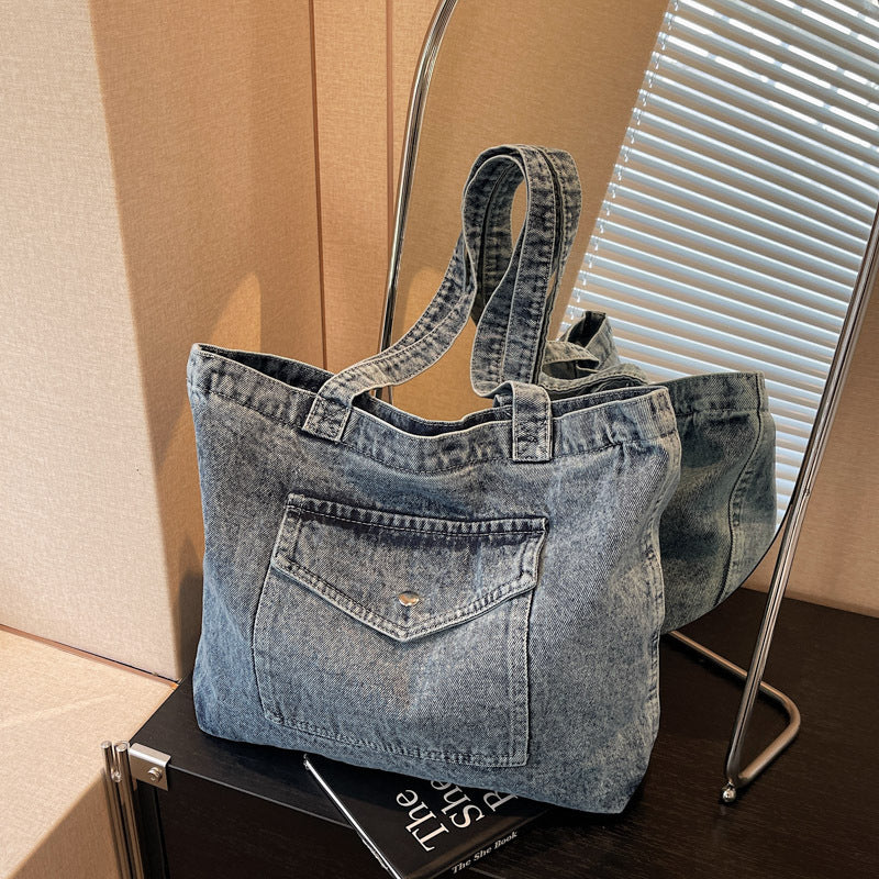 Sac à épaule en denim, sac de shopping à grande capacité