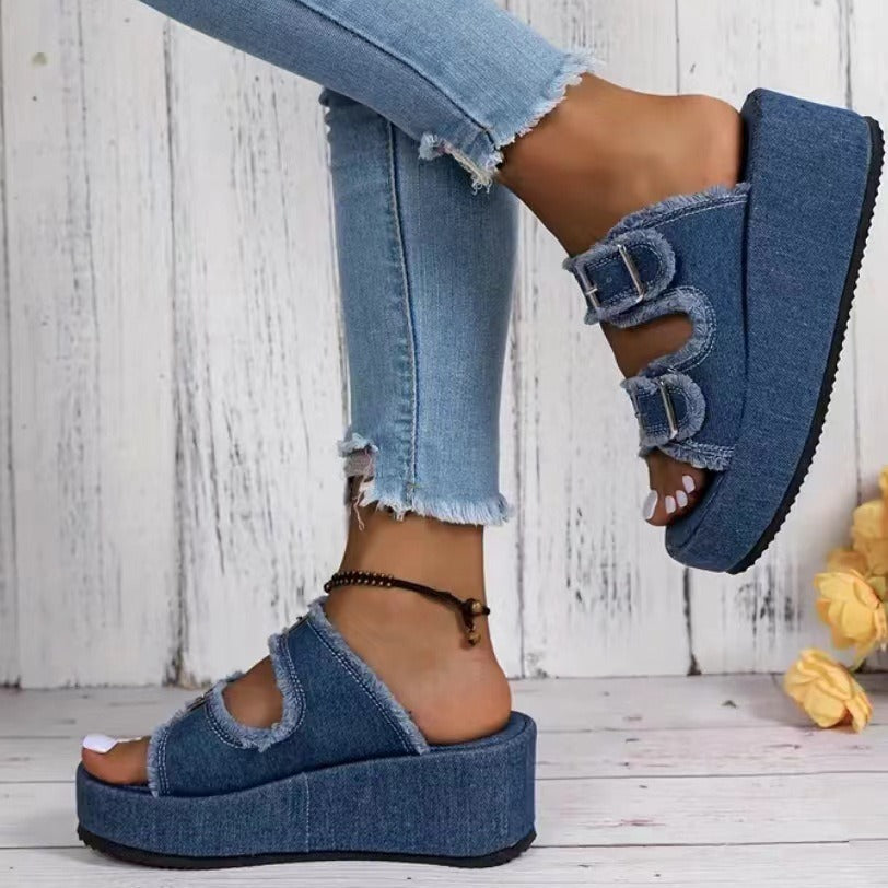 Sandales compensées en denim avec boucle, été, extérieur, talons hauts, semelle épaisse, motif camouflage pour femmes.