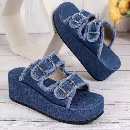 Sandales compensées en denim avec boucle, été, extérieur, talons hauts, semelle épaisse, motif camouflage pour femmes.