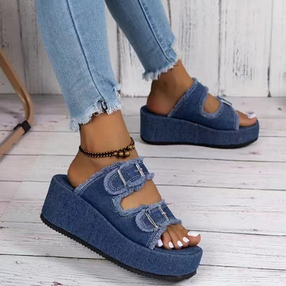 Sandales compensées en denim avec boucle, été, extérieur, talons hauts, semelle épaisse, motif camouflage pour femmes.