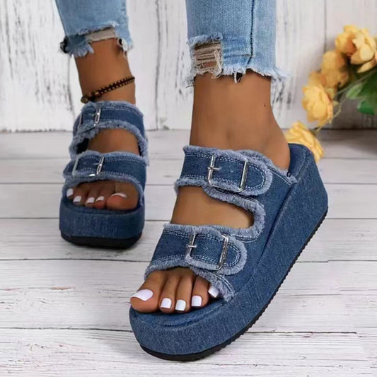 Sandales compensées en denim avec boucle, été, extérieur, talons hauts, semelle épaisse, motif camouflage pour femmes.