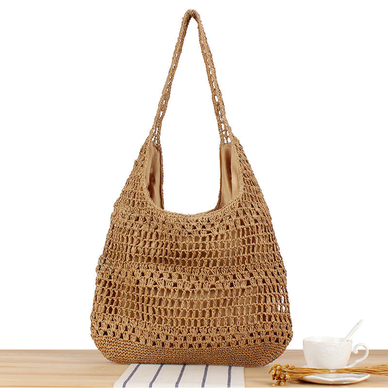 Sac à épaule tressé à grande capacité, simple, pour les vacances.